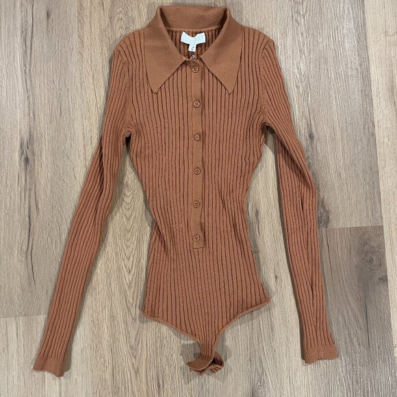 NWT Ronny Kobo Long Sleeve Ribbed Thong Bodysuit Tan Brown Size XS - Picture 2 of 6
